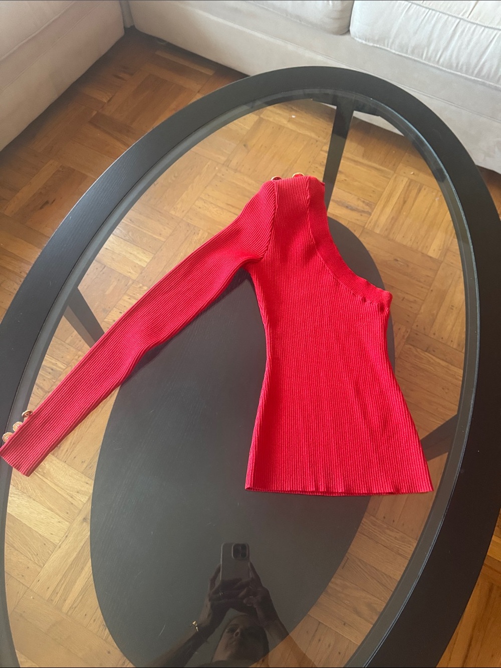 Retrofete Red One-Shoulder Ribbed Long-Sleeve Crop Top with Button Cuffs